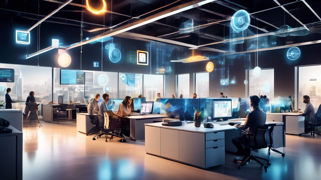 Create an image that showcases a modern, stylish office workspace with diverse, smiling employees collaborating and using cutting-edge technology. Include