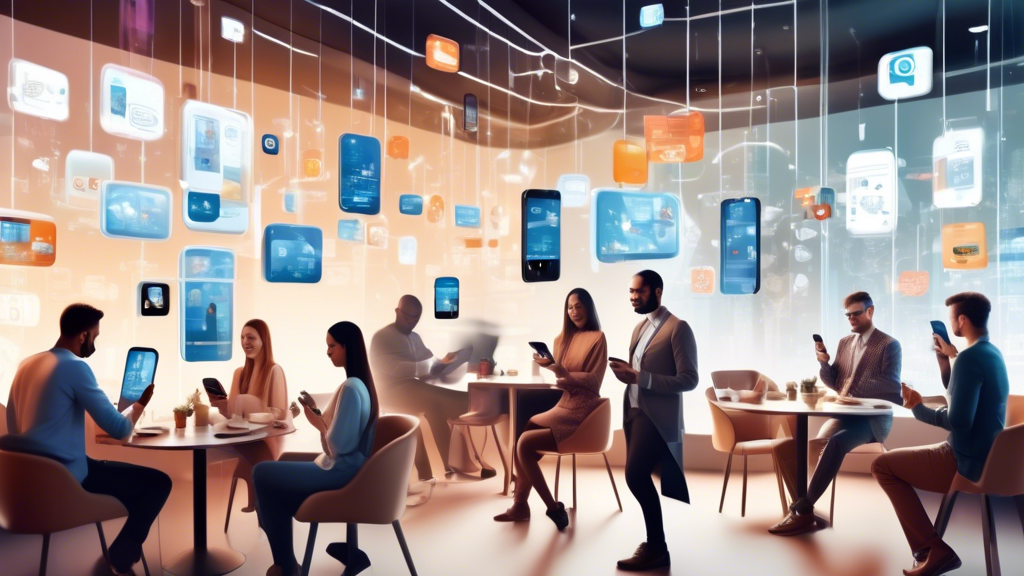 An image showing a diverse group of people using their mobile phones in different settings, like a café, park, and office. Above each person, there are flo