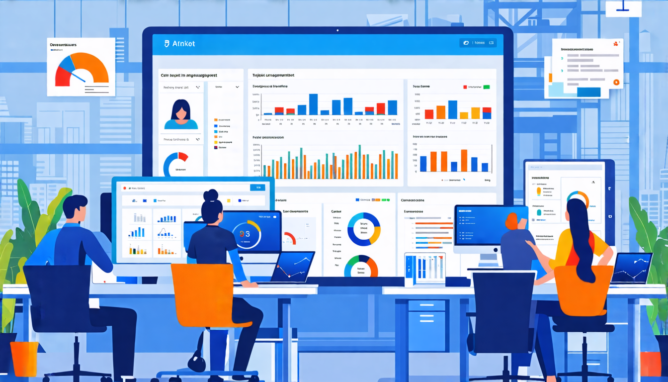 Create an image depicting a modern office environment with employees working collaboratively on digital devices while a large screen displays a project man