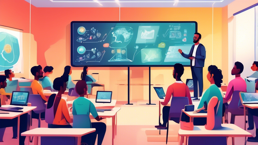 A diverse group of adults attentively seated in a modern, high-tech classroom equipped with computers and large screens, engaging with an enthusiastic inst