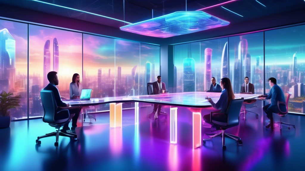 A futuristic office scene with diverse professionals collaborating around a high-tech conference table, holographic displays showcasing IT strategies and f