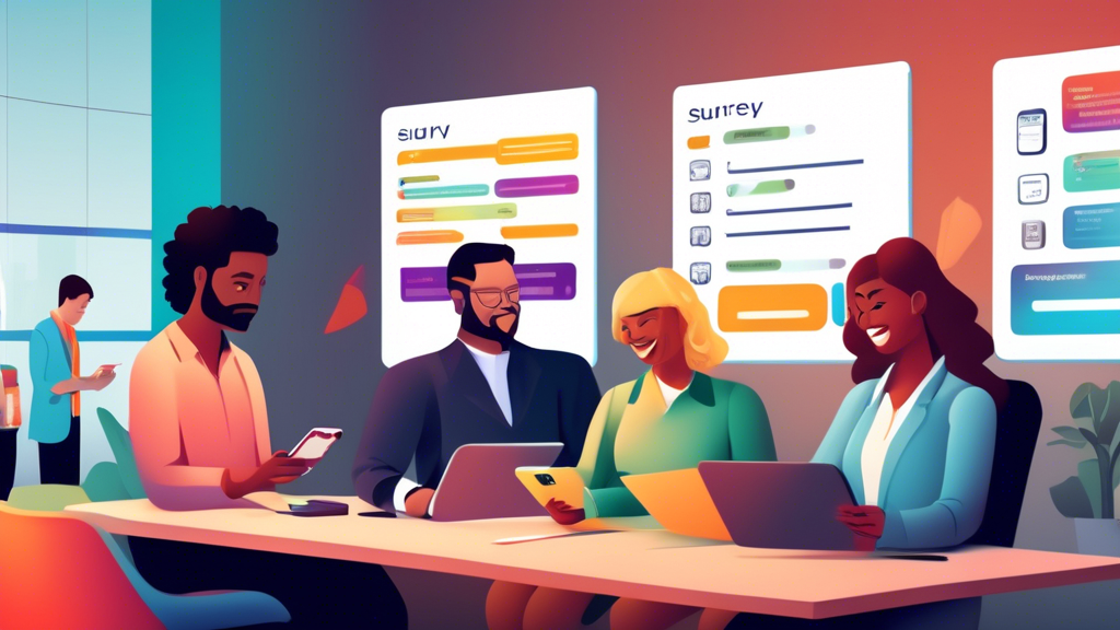 A modern business office setting where a diverse group of employees are engaging with their smartphones. The screen of one phone displays a text message su