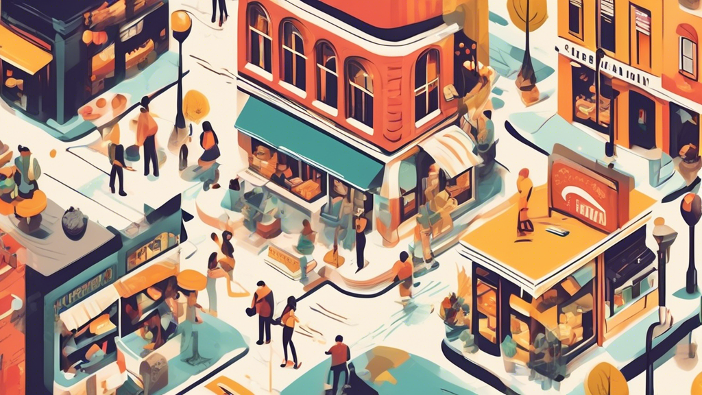 Create an image of a bustling neighborhood with various small businesses like cafes, bookstores, and boutiques, each with signage and storefronts. Add a vi