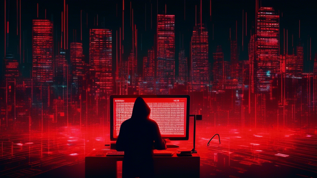 A dark, ominous computer screen filled with glitching red warning messages and sinister code lines, surrounded by shadowy figures representing hackers. In
