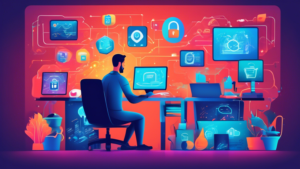 Create an illustration of a remote worker in a cozy home office setup, surrounded by advanced cybersecurity features such as firewalls, antivirus software,