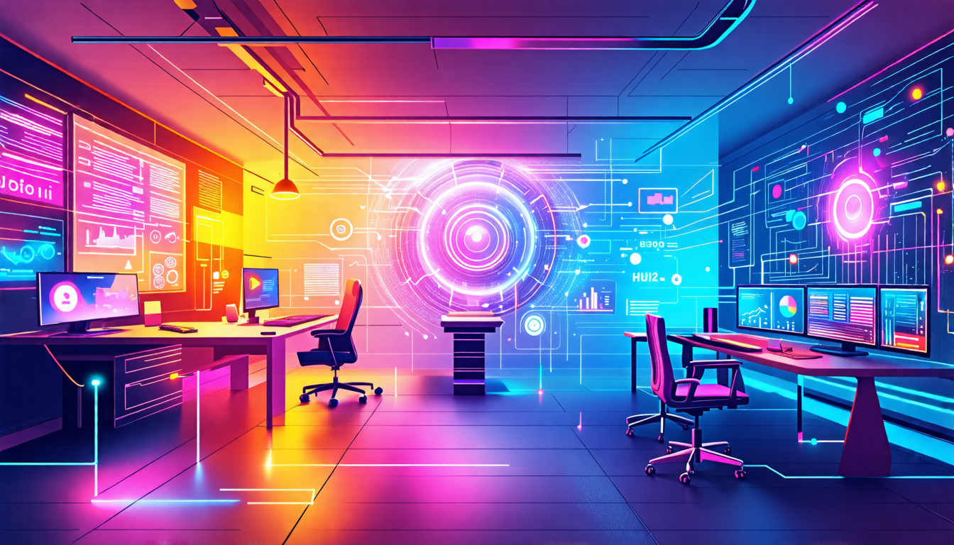 A futuristic office space where various digital tools and software are seamlessly interconnected by streams of glowing data flowing between holographic int
