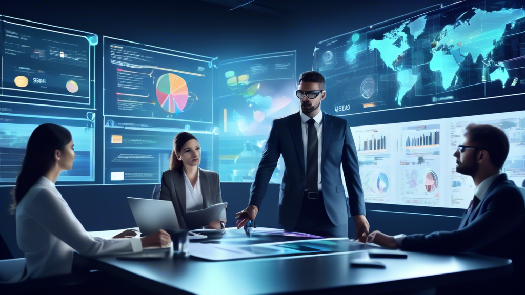 A futuristic office scene with business professionals analyzing charts and graphs on large interactive screens. The charts highlight budget allocation, cus