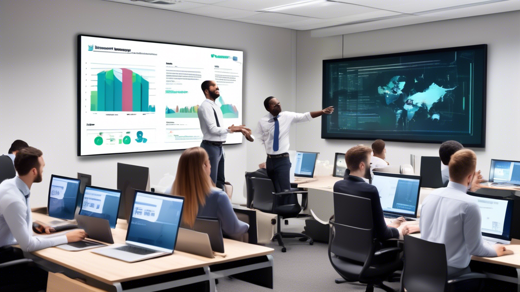 A modern corporate office setting featuring a group of employees engaged in interactive training sessions. One section of the image shows employees using l