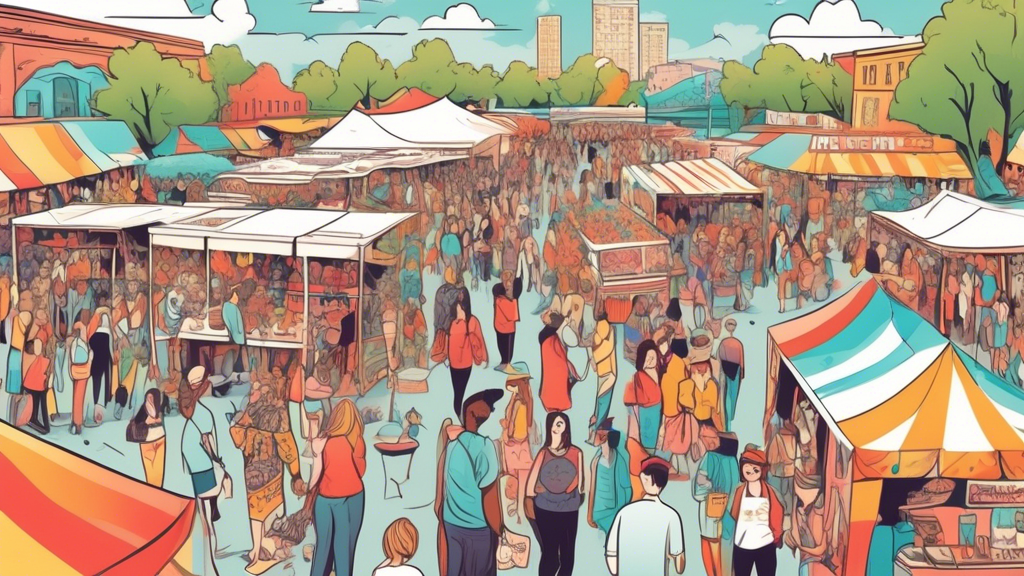 A bustling craft fair with a variety of colorful booths displaying handmade jewelry, artisanal foods, local artwork, vintage clothing, and other unique ite