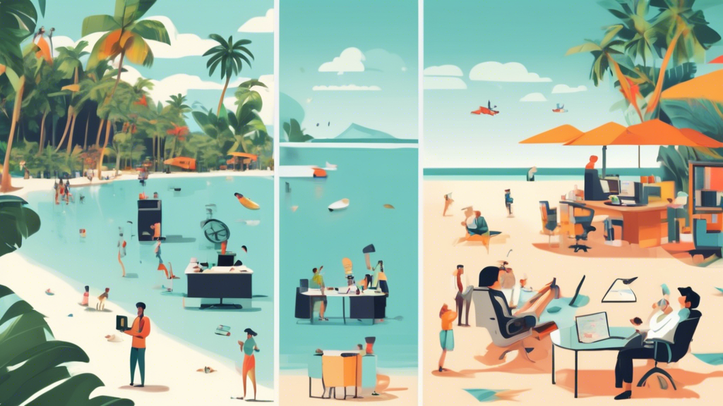 A split-screen image showing two contrasting scenes: on one side, a person relaxing on a tropical beach with a drink in hand, representing the Effortless b