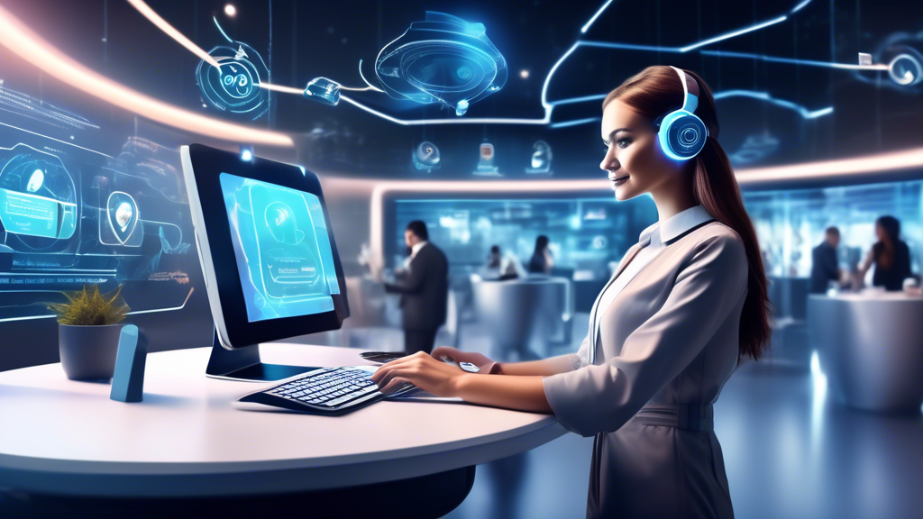 Create an image depicting a futuristic customer service scenario where advanced technology, such as AI-powered virtual assistants and seamless digital inte
