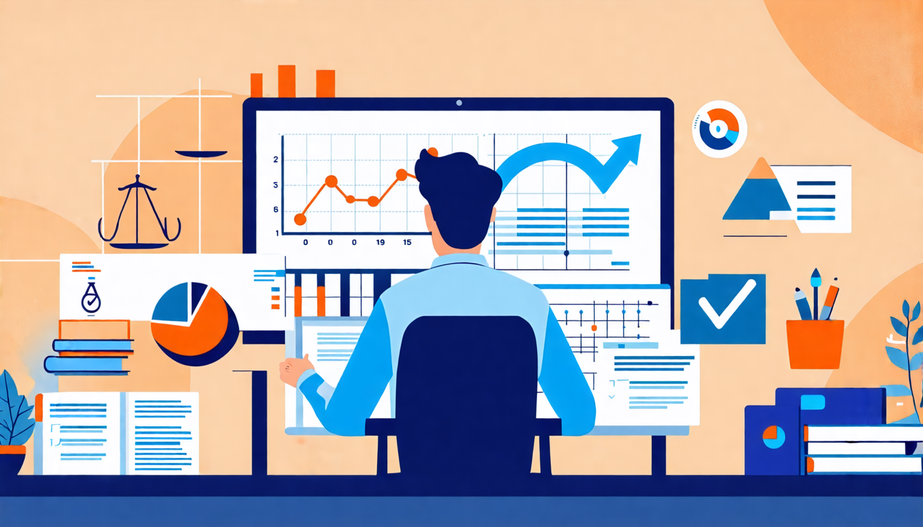 Create an image depicting a project manager at a desk, surrounded by charts, documents, and digital screens displaying compliance icons and legal symbols s