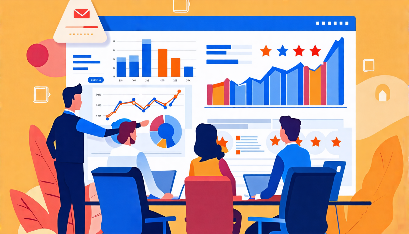 Create an image depicting a professional business setting where executives are gathered around a conference table analyzing various charts and graphs on a