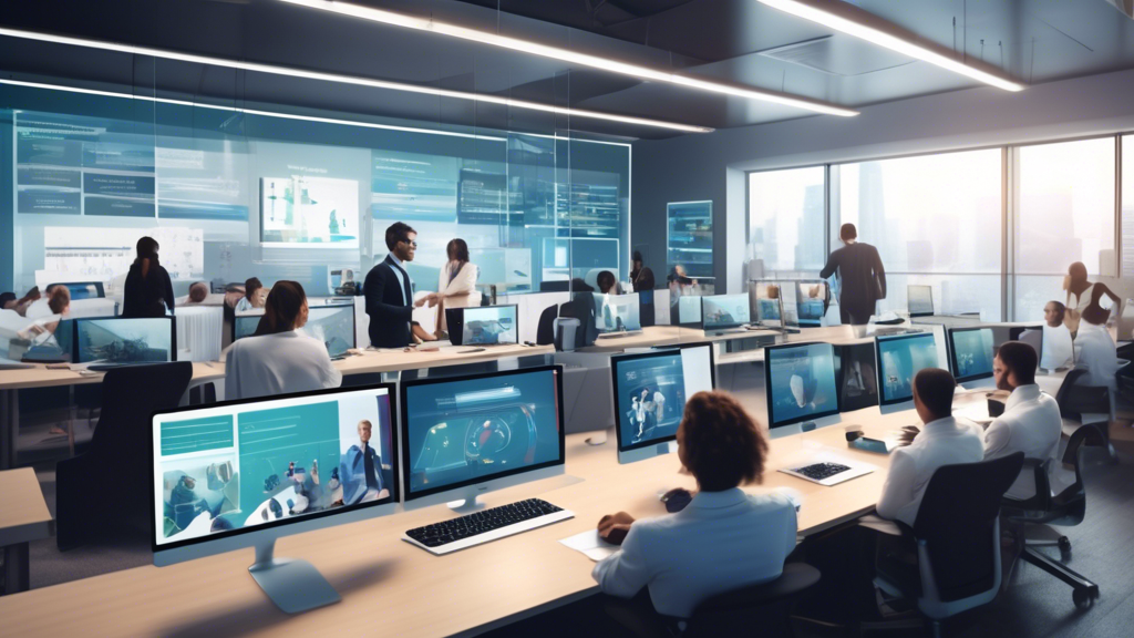 AI-generated image illustrating a modern office setting where employees are engaging with advanced training software on computer screens. The scene should