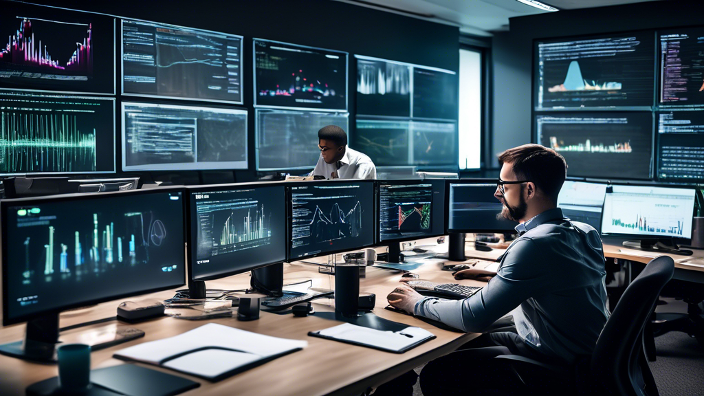 A team of data scientists working diligently at their computers in a modern office setting filled with large screens displaying graphs, charts, and dataset