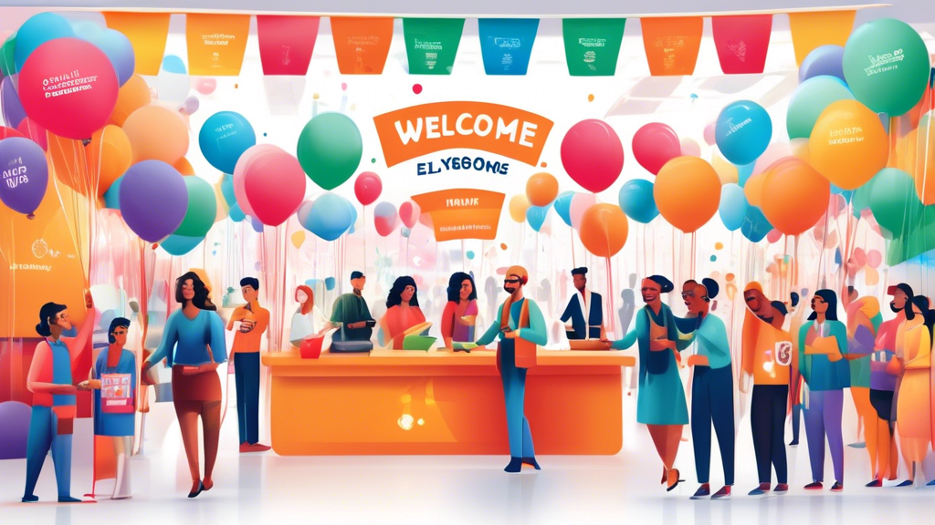 An image depicting a lively and welcoming onboarding session for new customers, featuring a friendly team of representatives, engaging visuals, a warm atmo