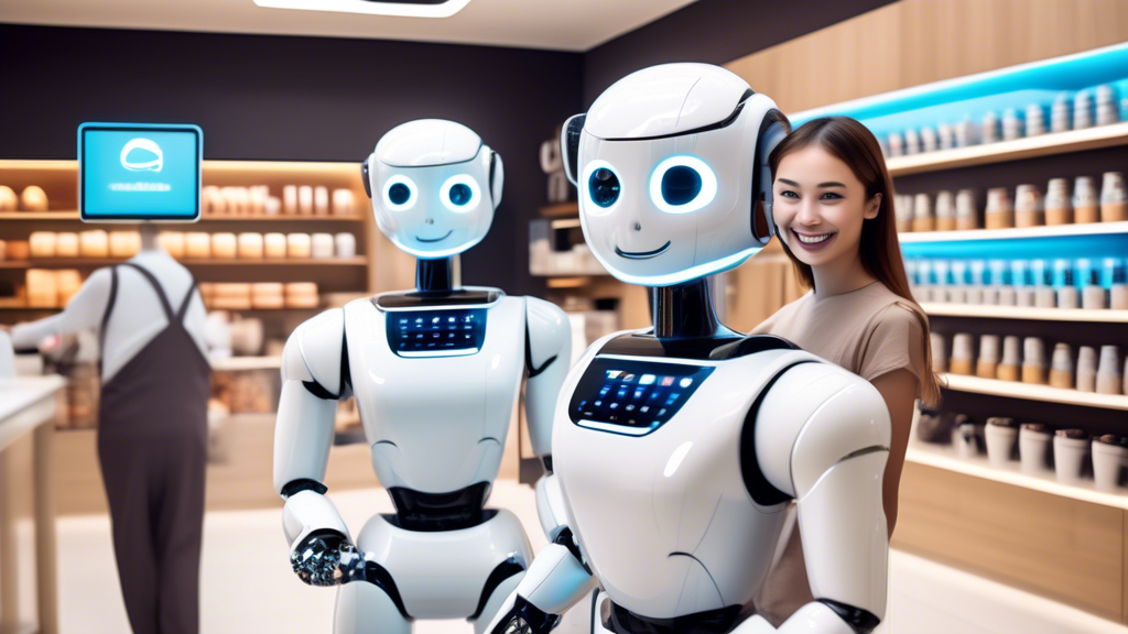 A modern retail store with smiling customers being assisted by friendly robots; the robots are designed to look sleek and approachable with bright LED disp