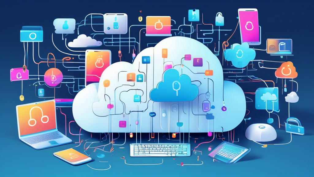 A professional-looking illustration of a cloud with a lock symbol in the center, surrounded by various types of digital devices such as smartphones, laptop