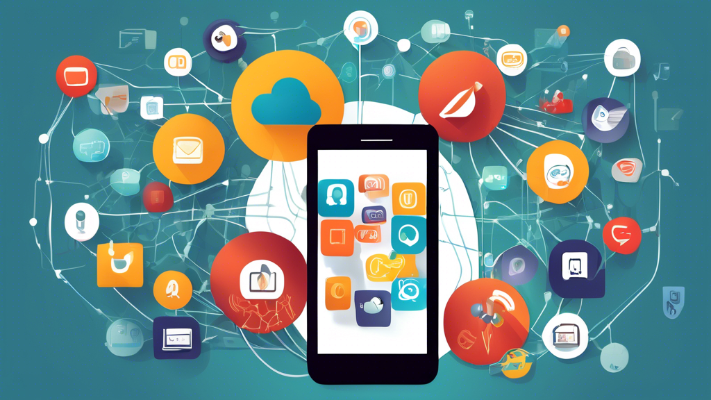 Create an image depicting a cohesive mobile marketing ecosystem. Show various digital marketing tools such as analytics, email marketing, social media, and