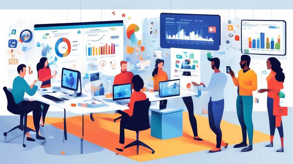 Create an image showing a vibrant, modern office space where a diverse group of professionals are collaborating. The room is filled with large screens and