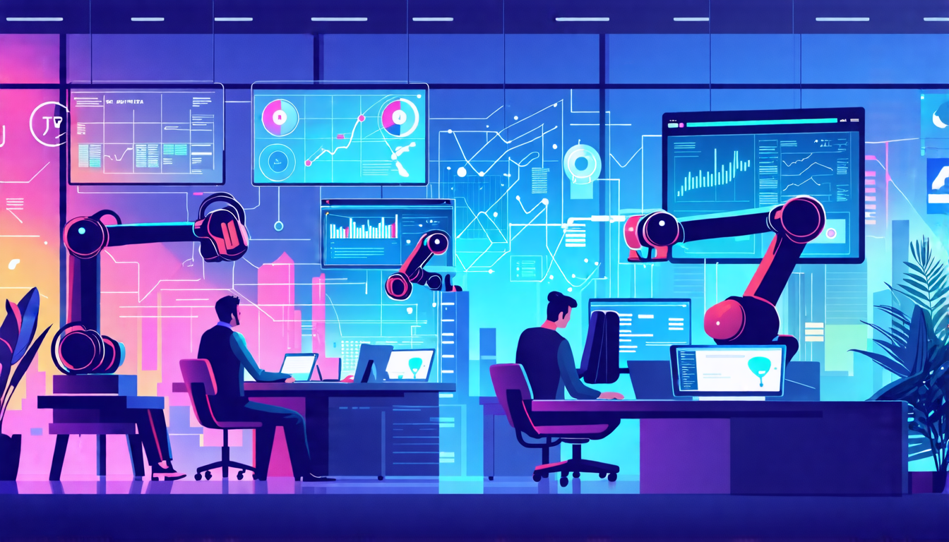 Create an image of a futuristic office setting where robotic arms and advanced AI systems are collaboratively streamlining various work processes. Show dig