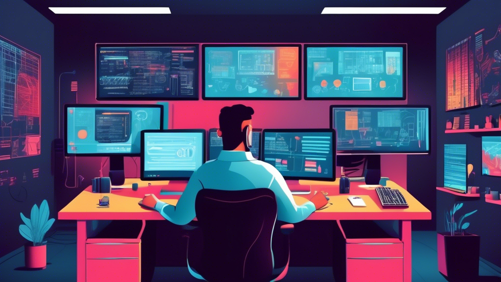 A calm and efficient IT support office with a friendly technician helping a user at their desk. The scene includes multiple computer monitors displaying te