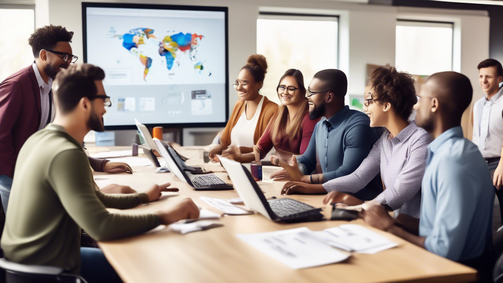 A dynamic scene in a modern classroom with diverse adults in business casual attire, enthusiastically participating in a hands-on IT training session. Comp
