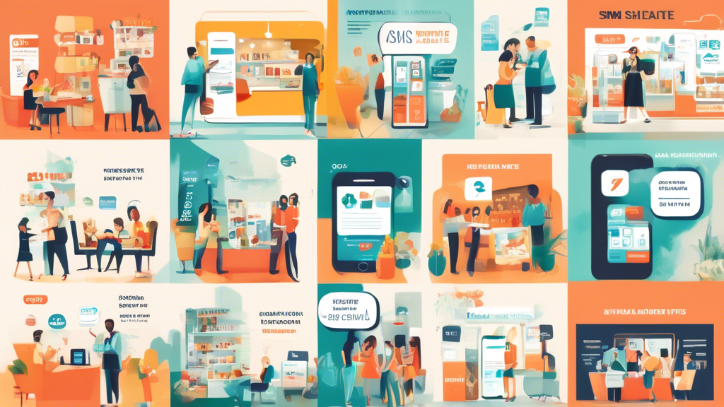 An image of a cohesive collage illustrating SMS marketing in various industries, featuring a retail store with a Sale notification on a smartphone, a healt