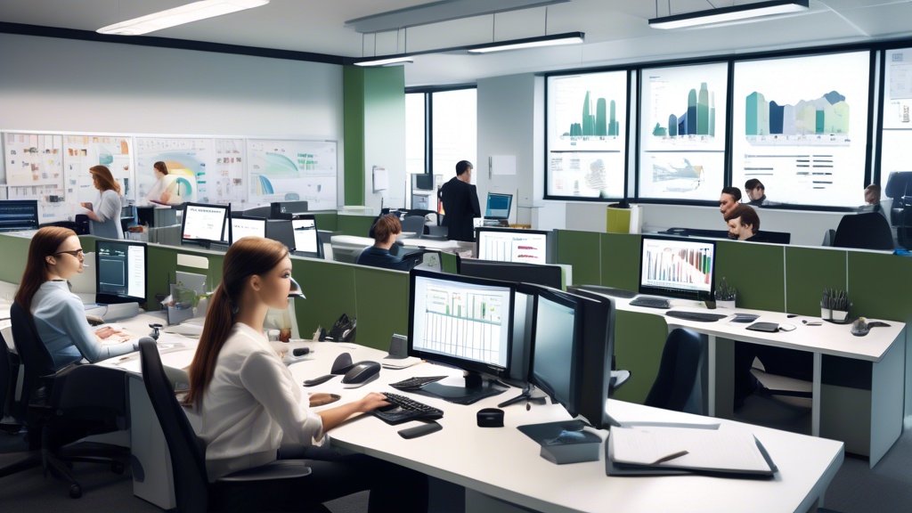 An office scene with employees working at their desks, each one using a computer displaying a clean and well-organized CRM dashboard interface. Charts, gra