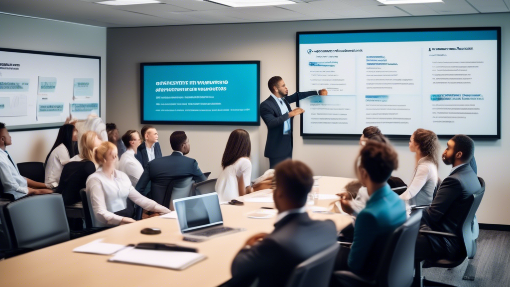 An image of a professional, modern office setting where a diverse group of employees is engaged in a corporate training session. A well-dressed instructor