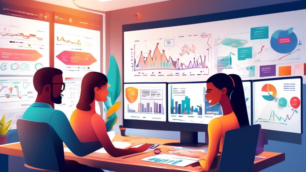 A digital marketing office scene showing a diverse team analyzing data on computer screens and smartphones. Charts and graphs display SMS campaign performa