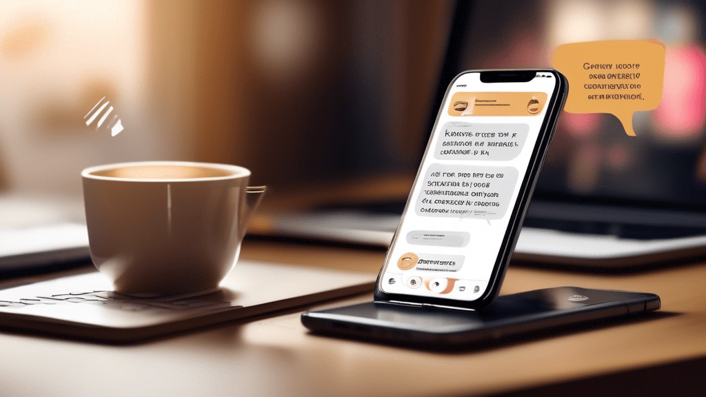 A modern smartphone displaying an SMS message conversation with short, engaging, and persuasive marketing messages. The background shows a cozy workspace w