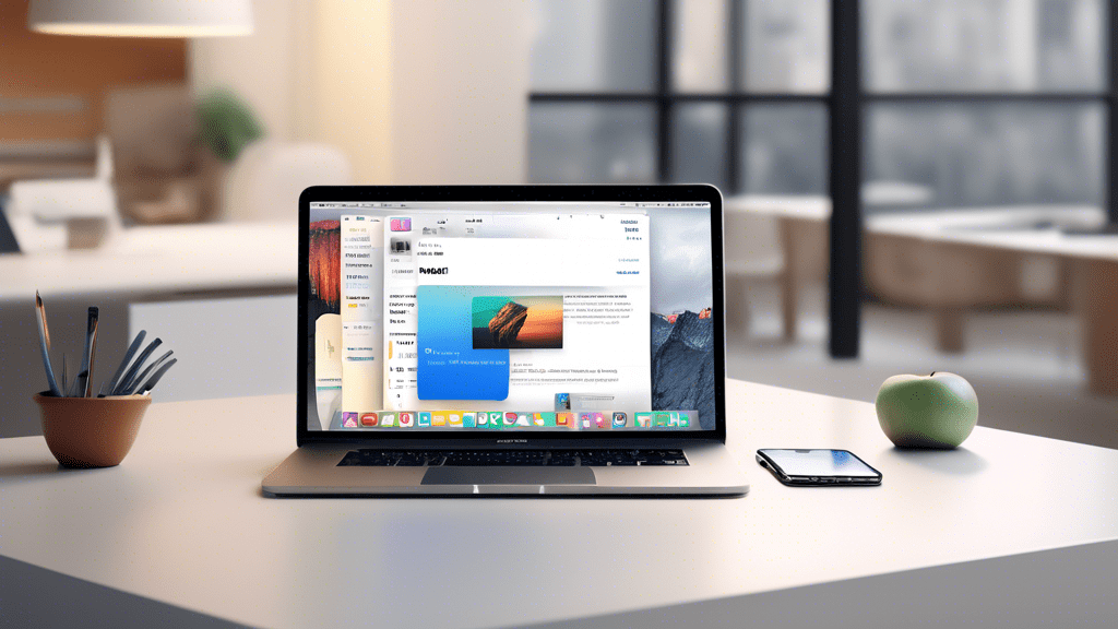 An image of an iPhone with the Apple Mail app open, featuring a modern, sleek interface. The background shows a minimalist office desk setup with a MacBook