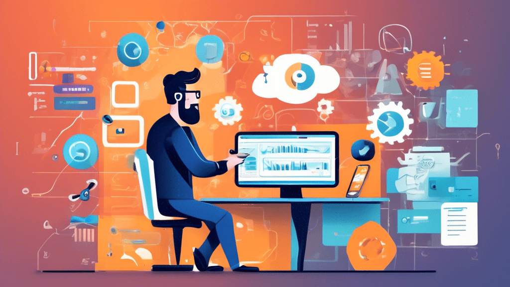 Create an image that depicts a modern marketer in front of a computer screen with various tools and graphs on display. The screen should show a text messag