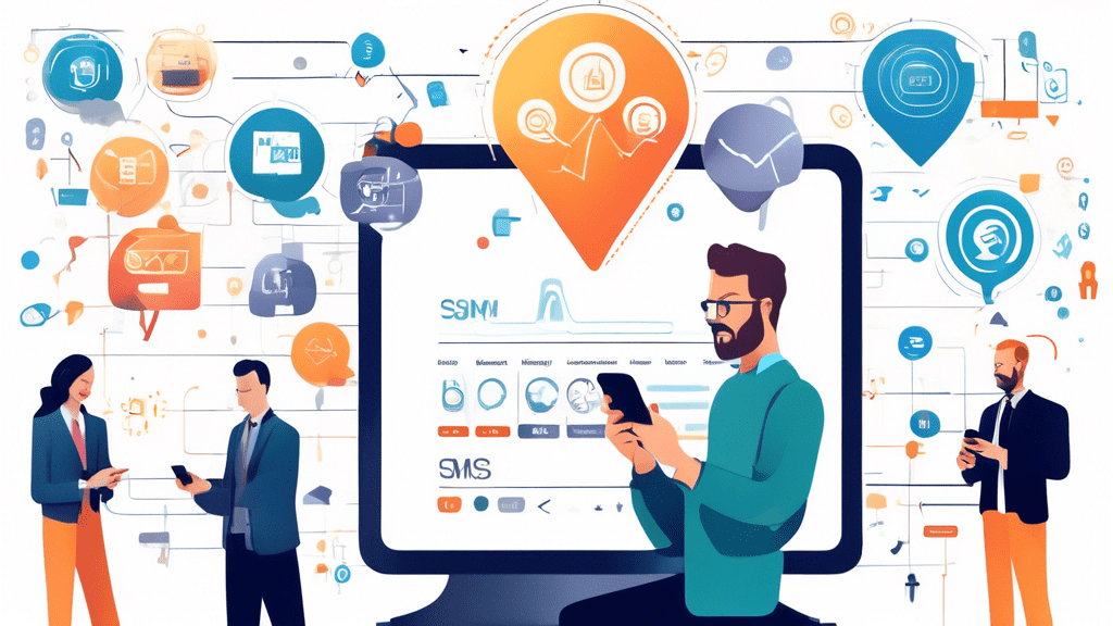 A modern digital marketing scene showing a business professional typing on a smartphone with SMS notifications appearing on the screen. Surrounding him are