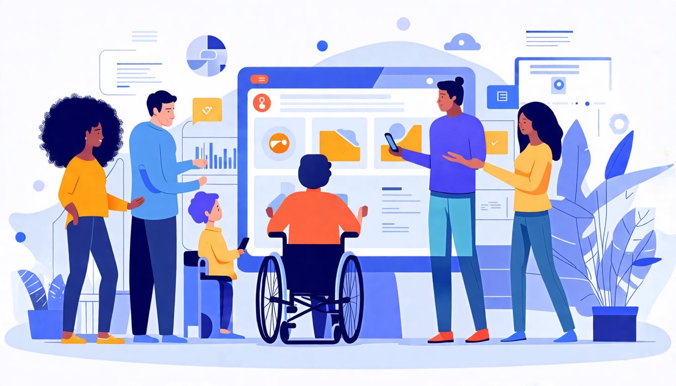 A diverse group of people of varying ages, ethnicities, and abilities interacting seamlessly with AI-powered devices and applications in a modern, inclusiv