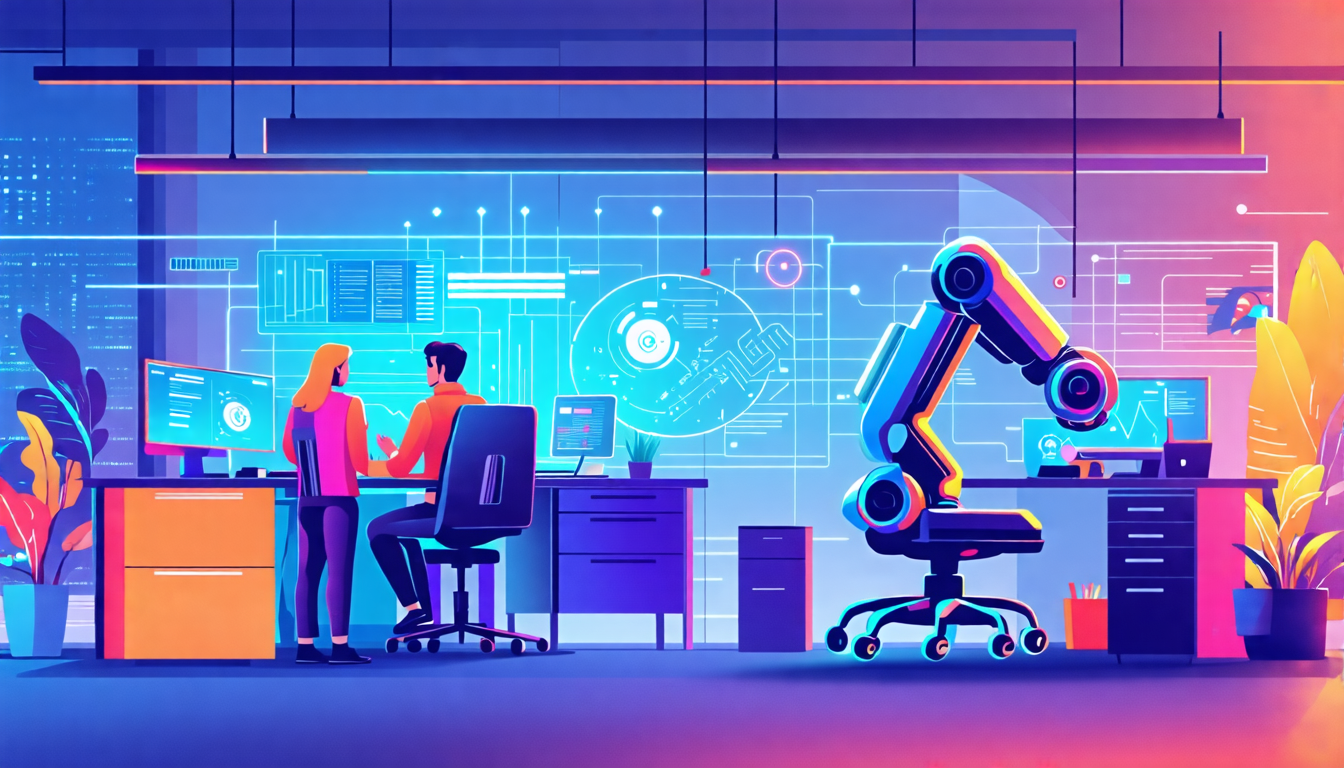 A futuristic office with advanced AI-powered robotic arms and holographic interfaces, seamlessly automating tasks like data analysis, customer service, and