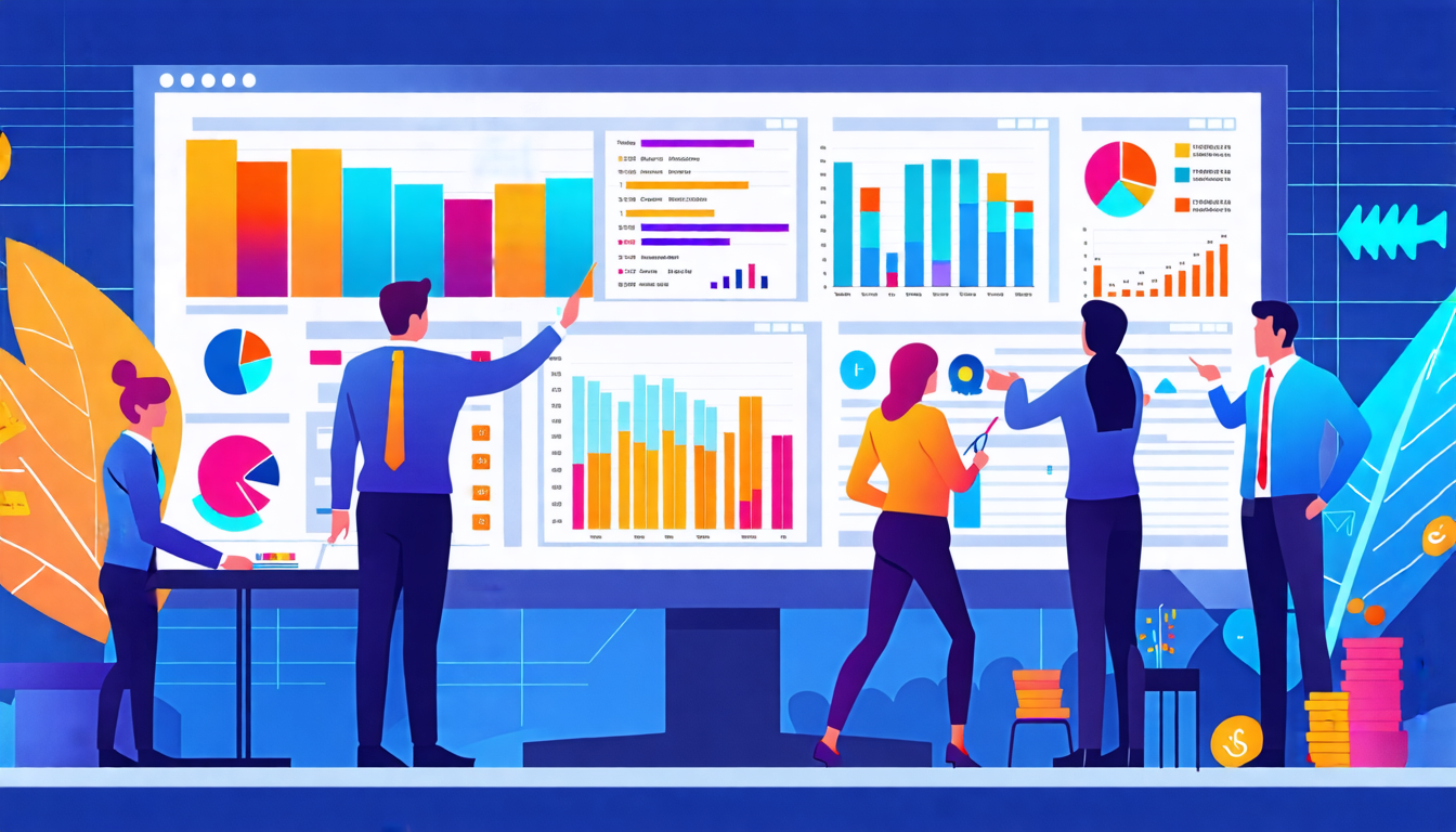 A modern office environment where an advanced AI-powered digital dashboard displays various colorful charts and graphs related to budgeting. The dashboard