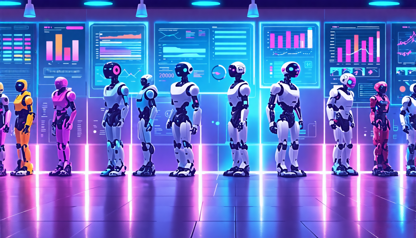 A diverse lineup of futuristic AI robots standing side-by-side, each showcasing unique features and abilities, in a high-tech showroom with a variety of di