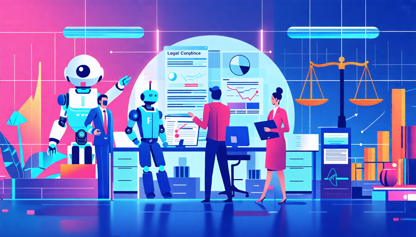 A futuristic office setting where business professionals and AI robots are collaboratively working together, surrounded by documents, graphs, and legal sca