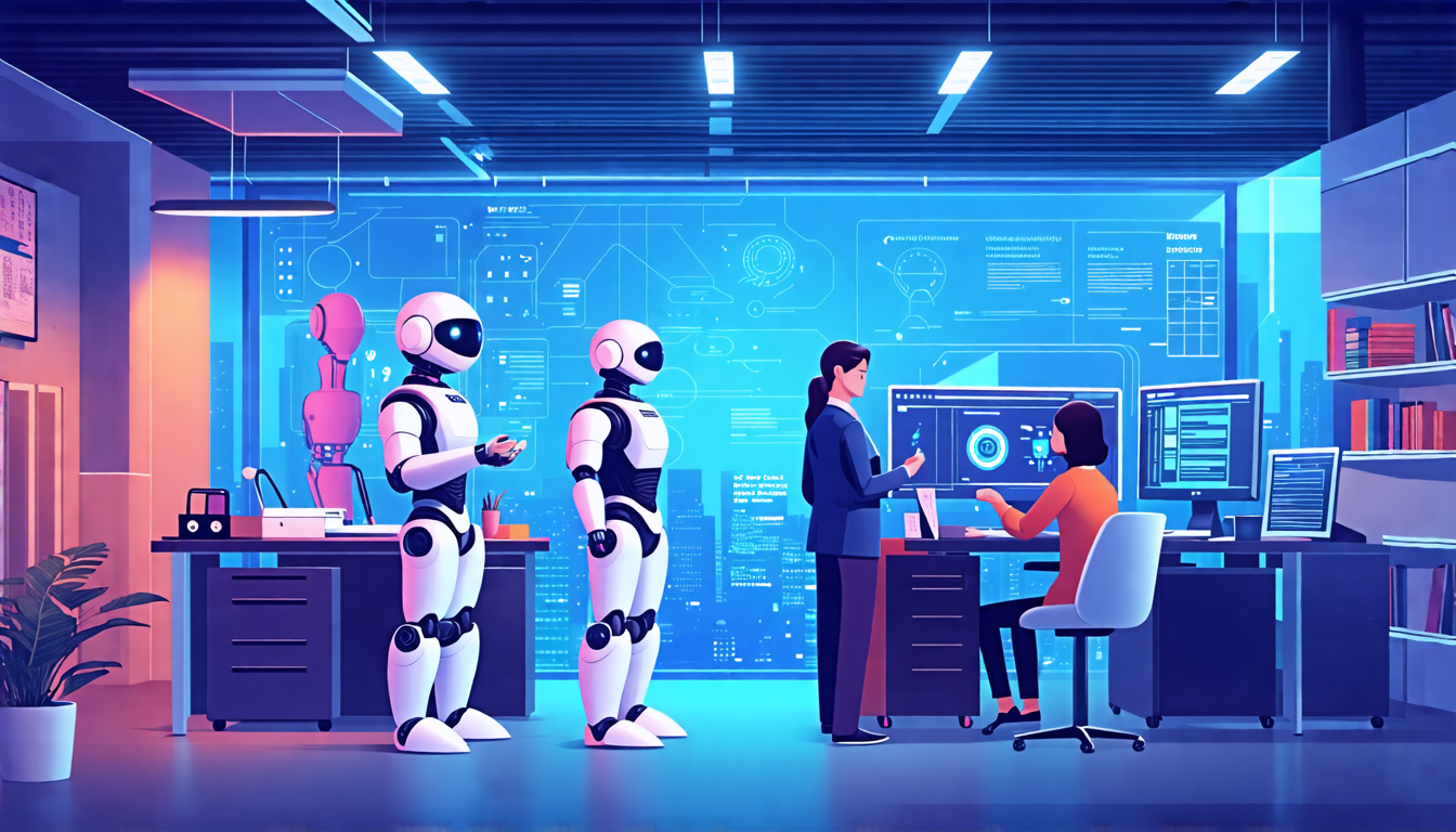 Create an image of a futuristic office setting where AI-powered robots are interacting with customers in a friendly and professional manner. Highlight the