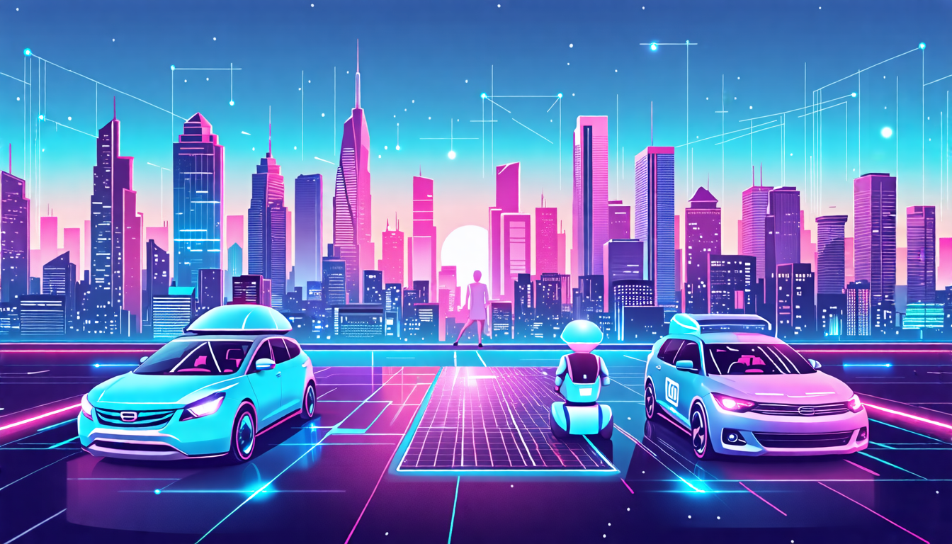 An image depicting a futuristic cityscape with advanced technology, featuring AI-driven robots interacting seamlessly with humans, self-driving cars, holog
