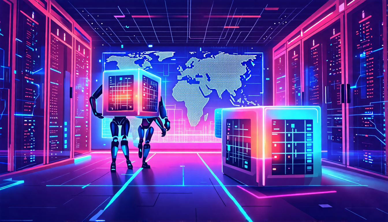 A futuristic scene depicting robotic AI assistants carefully handling and transferring large data cubes between two sleek, high-tech data centers. The back
