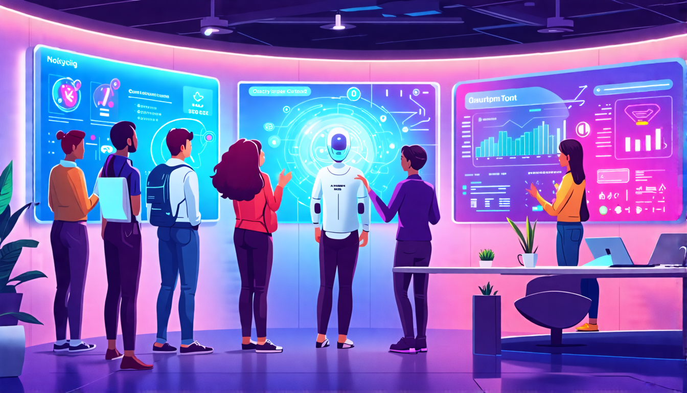An image of a friendly and modern technology office where a diverse group of people are being welcomed by a futuristic AI assistant. The AI assistant has a