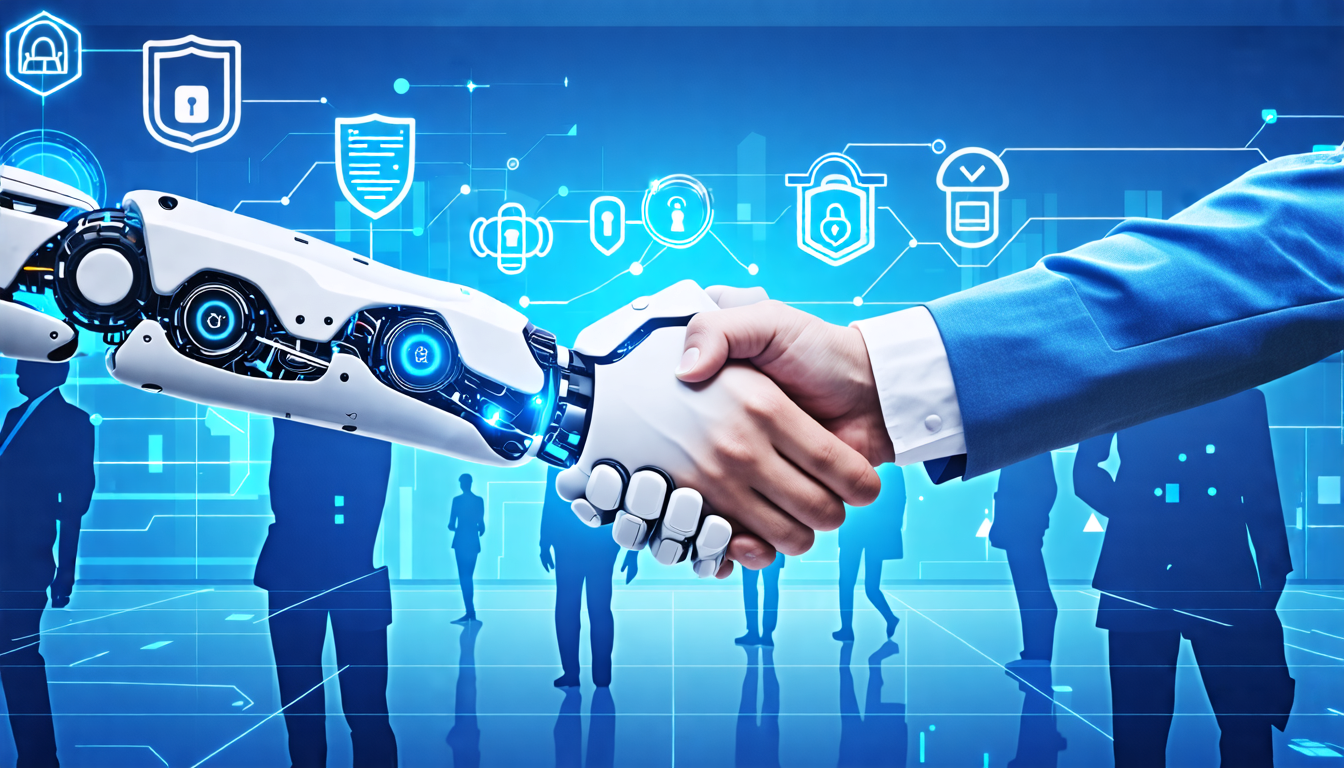 An image of a futuristic setting with a robot and a human shaking hands, demonstrating trust and cooperation. In the background, silhouettes of people with