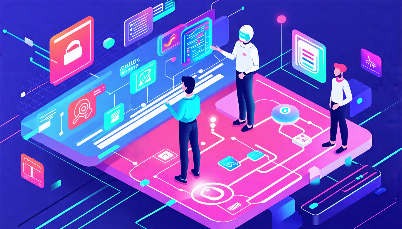 An illustration of a futuristic digital platform where AI avatars interact with users in a vibrant and engaging environment, showcasing various features su