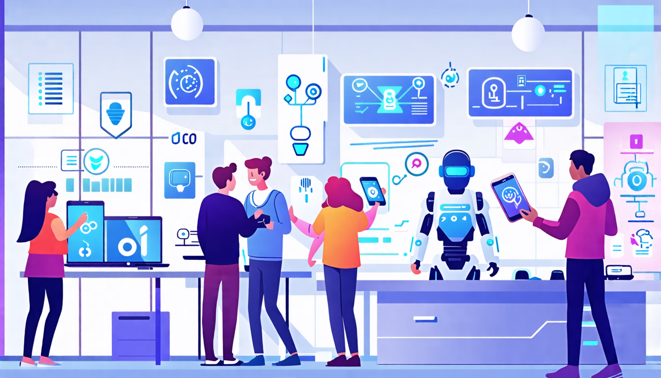 A futuristic technology lab with diverse users of all ages and backgrounds happily interacting with AI-powered devices. The devices range from smartphones