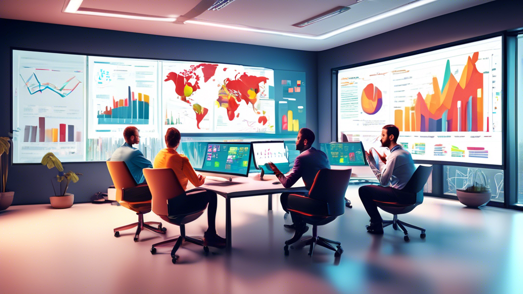 A modern office setting with a team of data analysts gathered around a large screen displaying intricate graphs, charts, and data points. The atmosphere is
