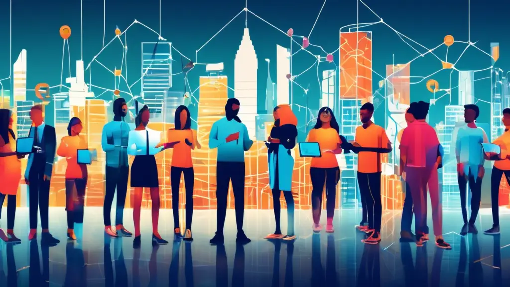 Create a visually engaging scene that shows a group of diverse people connected by digital lines and nodes, representing audience segmentation. Include ele