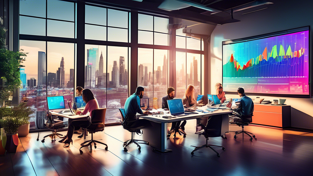 A dynamic scene of a sleek, modern office where a diverse team of marketing professionals collaborate around a large digital screen displaying complex grap